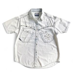 Vintage 90s Dakota Blue Studded Western Denim Shirt Acid Wash Stars Women’s L